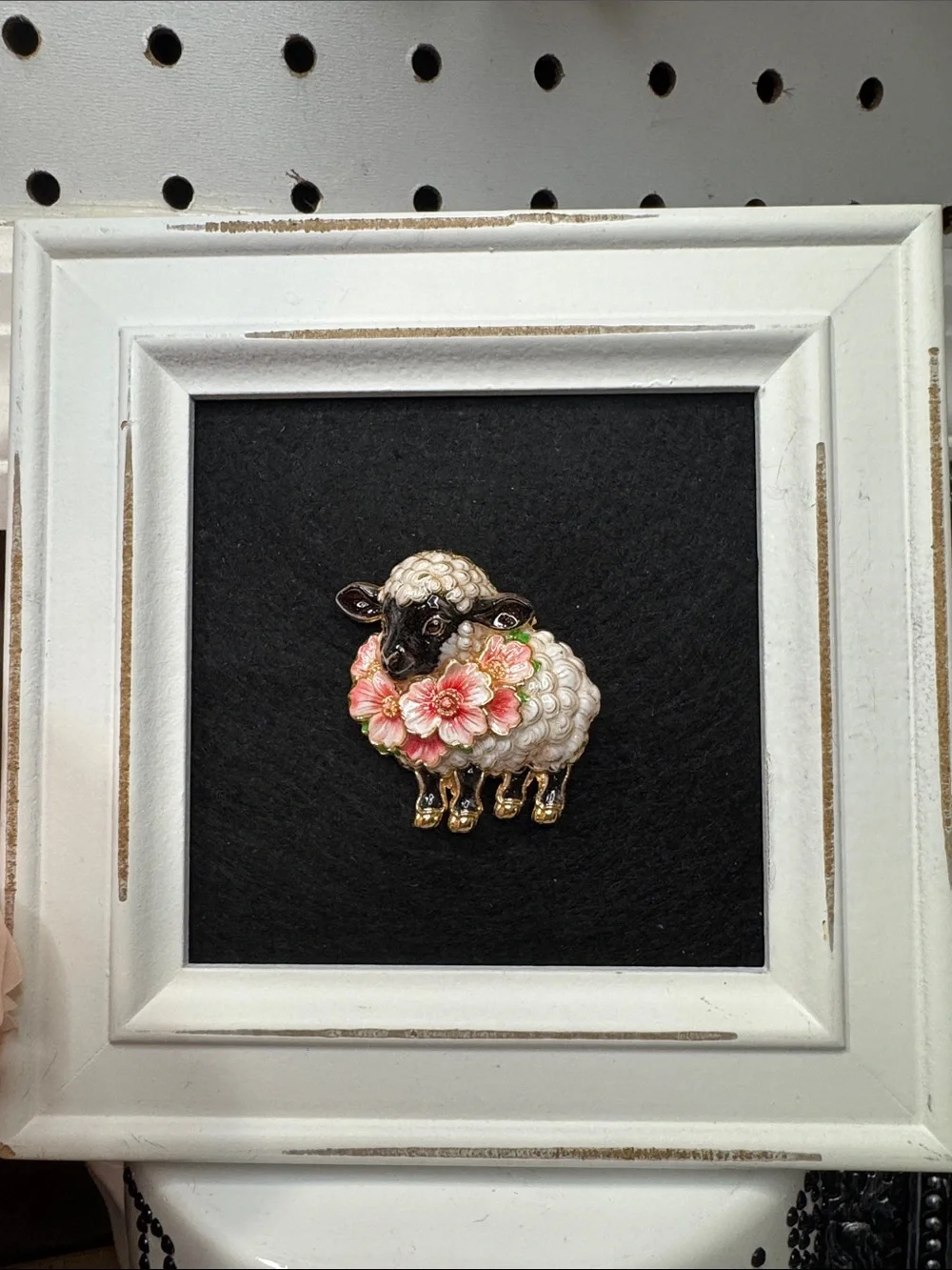 White Sheep Framed Wall Plaque with Pink Floral Wreath